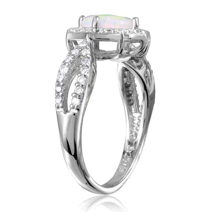 925 Sterling Silver Rhodium Plated Synthetic Opal Halo CZ Ring