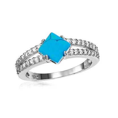 925 Sterling Silver Rhodium Plated Turquoise Center Stone Ring with CZ Shank