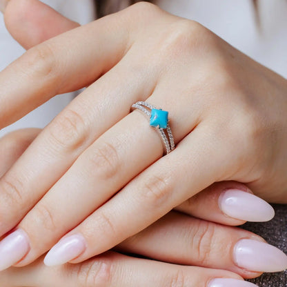 925 Sterling Silver Rhodium Plated Turquoise Center Stone Ring with CZ Shank