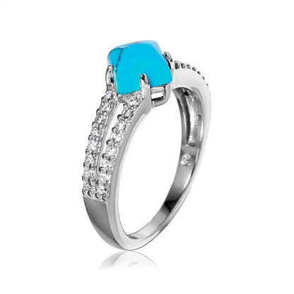 925 Sterling Silver Rhodium Plated Turquoise Center Stone Ring with CZ Shank