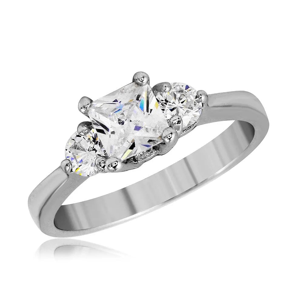 925 Sterling Silver Rhodium Plated Round Square Center CZ Past Present Future Ring