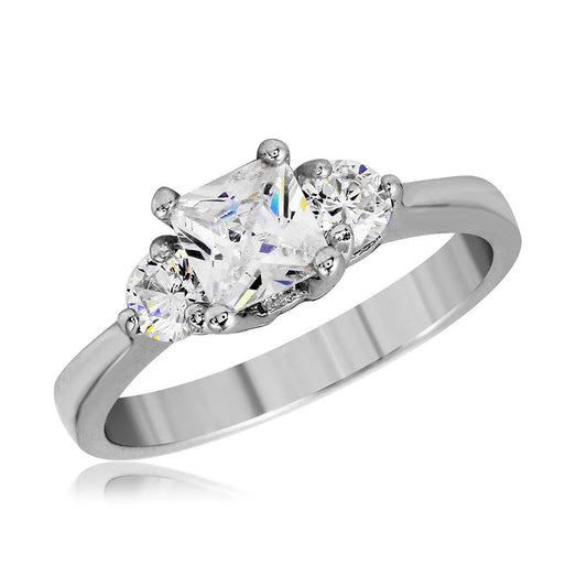 925 Sterling Silver Rhodium Plated Round Square Center CZ Past Present Future Ring