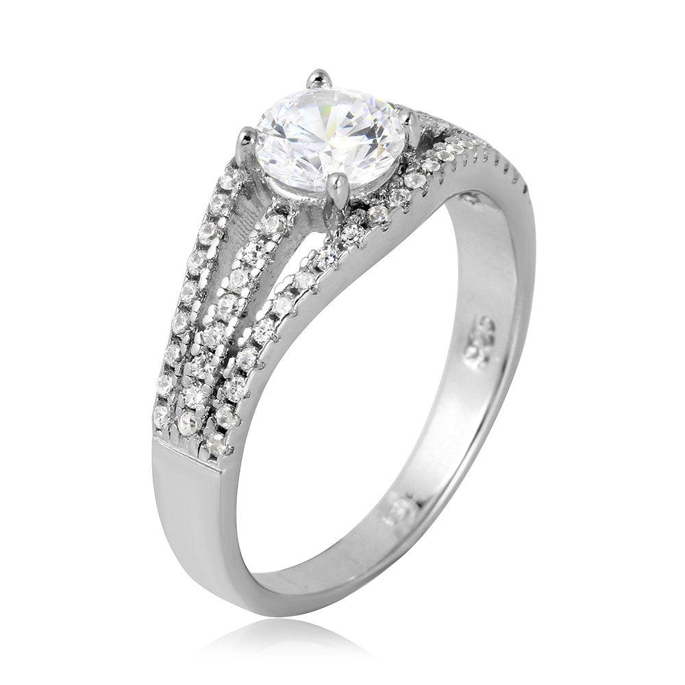 925 Silver Rhodium Plated Open Shank Round Center Stone Ring