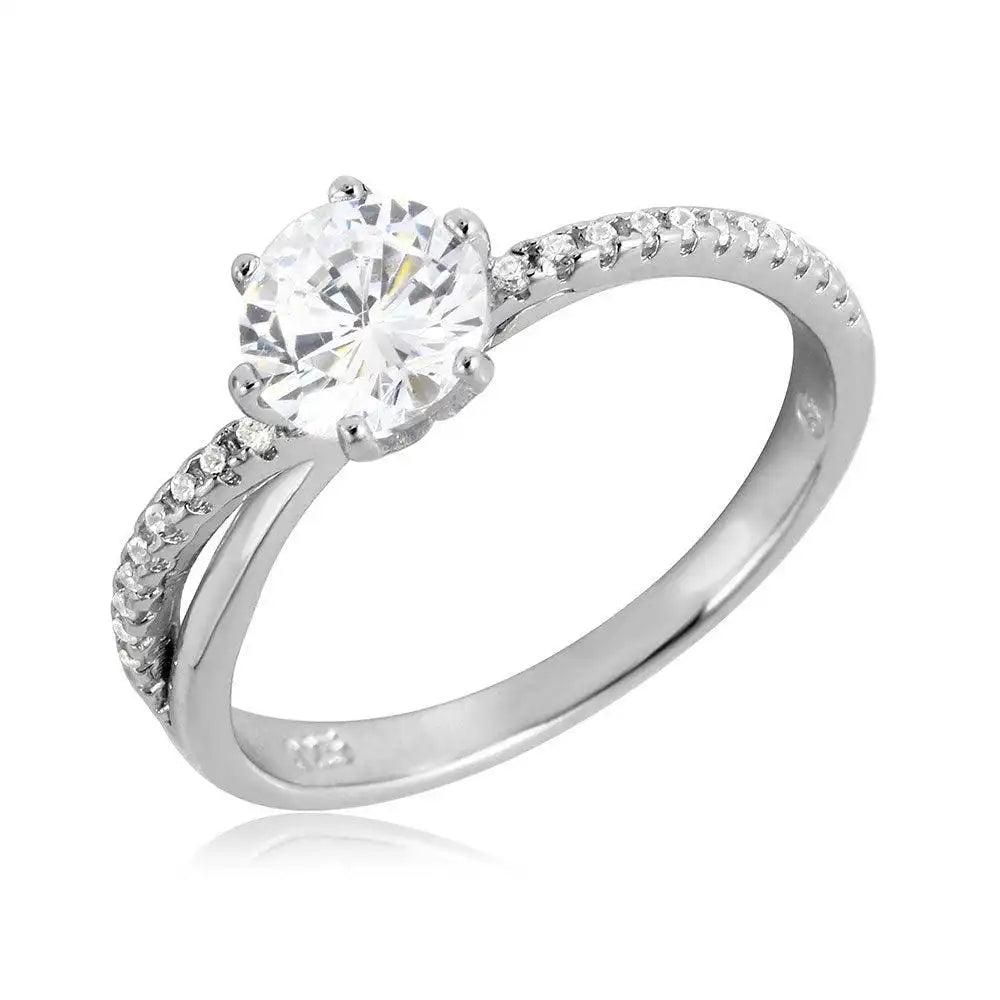 925 Sterling Silver Rhodium Plated Twisted CZ Shank Round Center Stone Ring