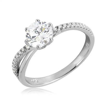 925 Sterling Silver Rhodium Plated Twisted CZ Shank Round Center Stone Ring