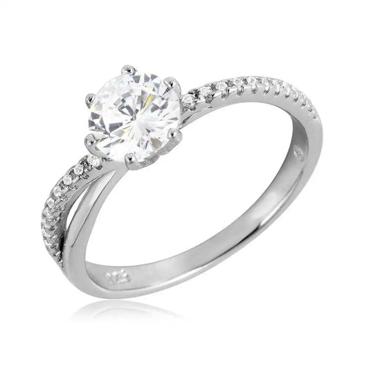 925 Sterling Silver Rhodium Plated Twisted CZ Shank Round Center Stone Ring