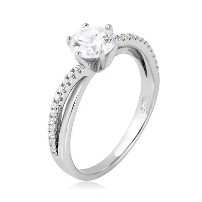 925 Sterling Silver Rhodium Plated Twisted CZ Shank Round Center Stone Ring