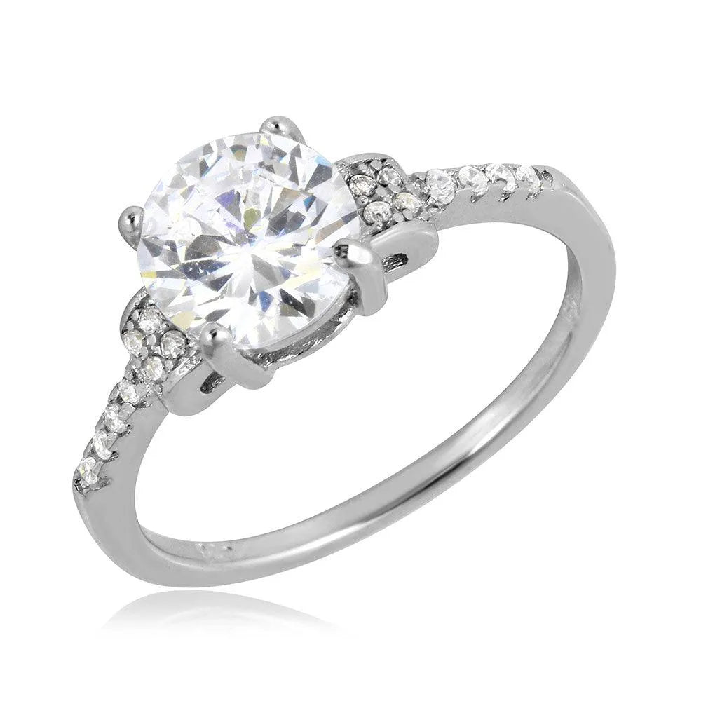 925 Sterling Silver Rhodium Plated Micro Pave Shank Round Center Stone Ring