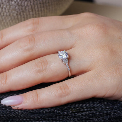 925 Sterling Silver Rhodium Plated Micro Pave Shank Round Center Stone Ring
