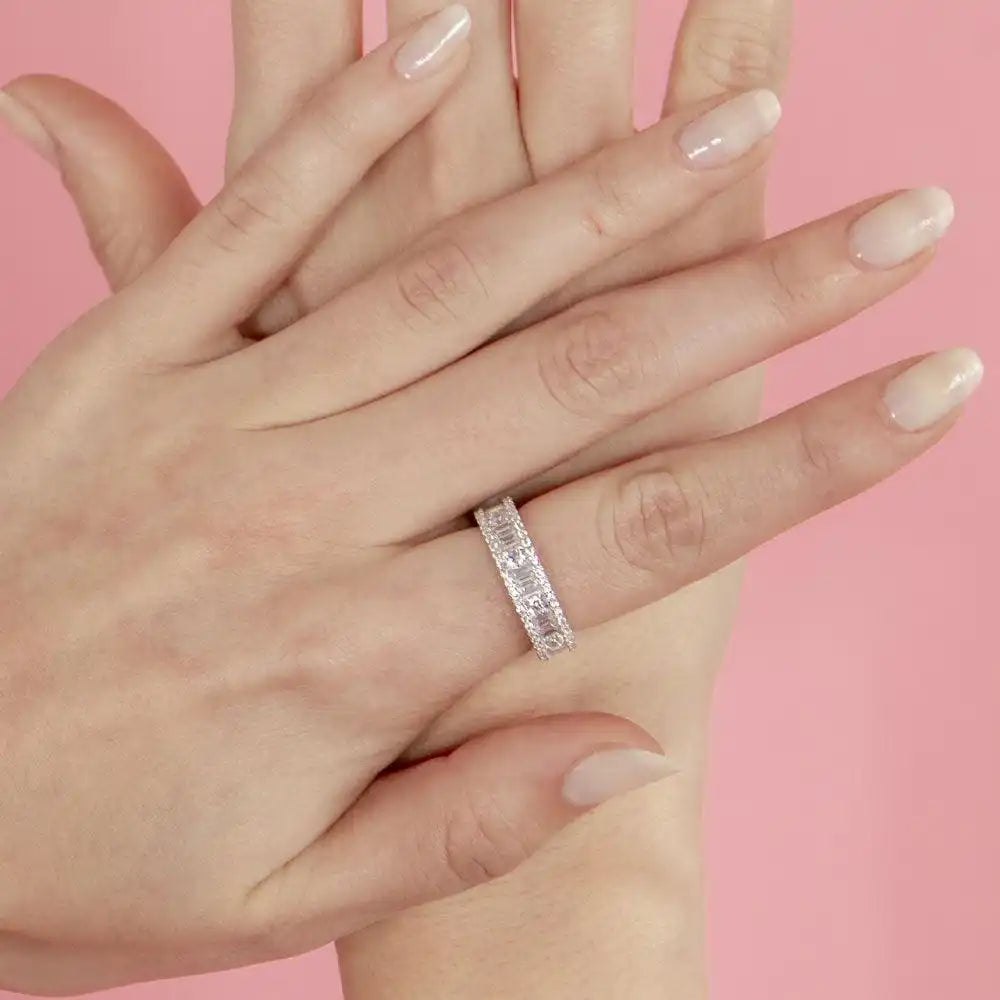 925 Sterling Silver Rhodium Plated Eternity Band with Baguette CZ Stones