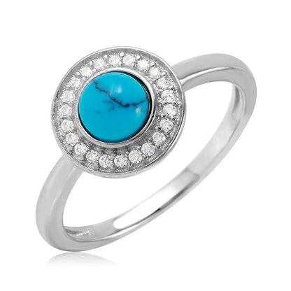 925 Rhodium Silver Plated Turquoise Center Halo CZ Ring