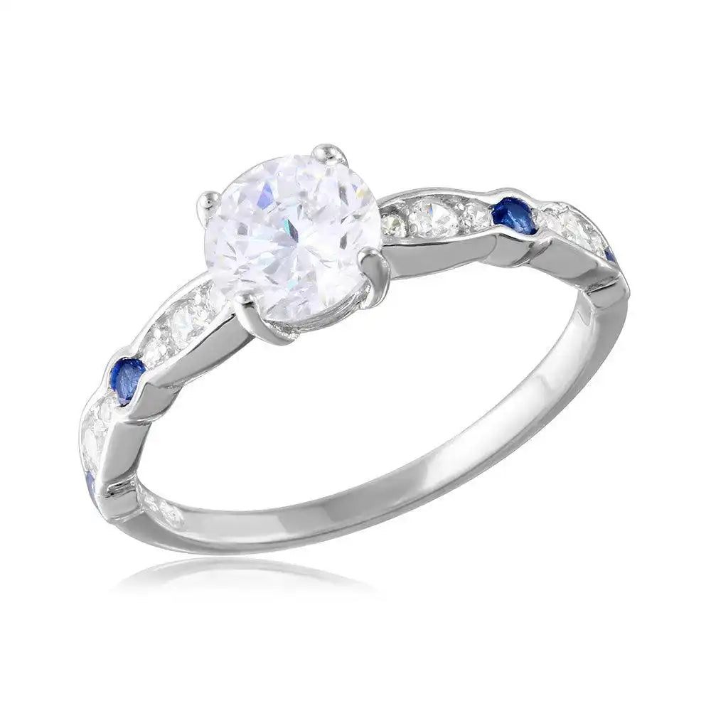 925 Sterling Silver Rhodium Plated Blue and Clear CZ Ring