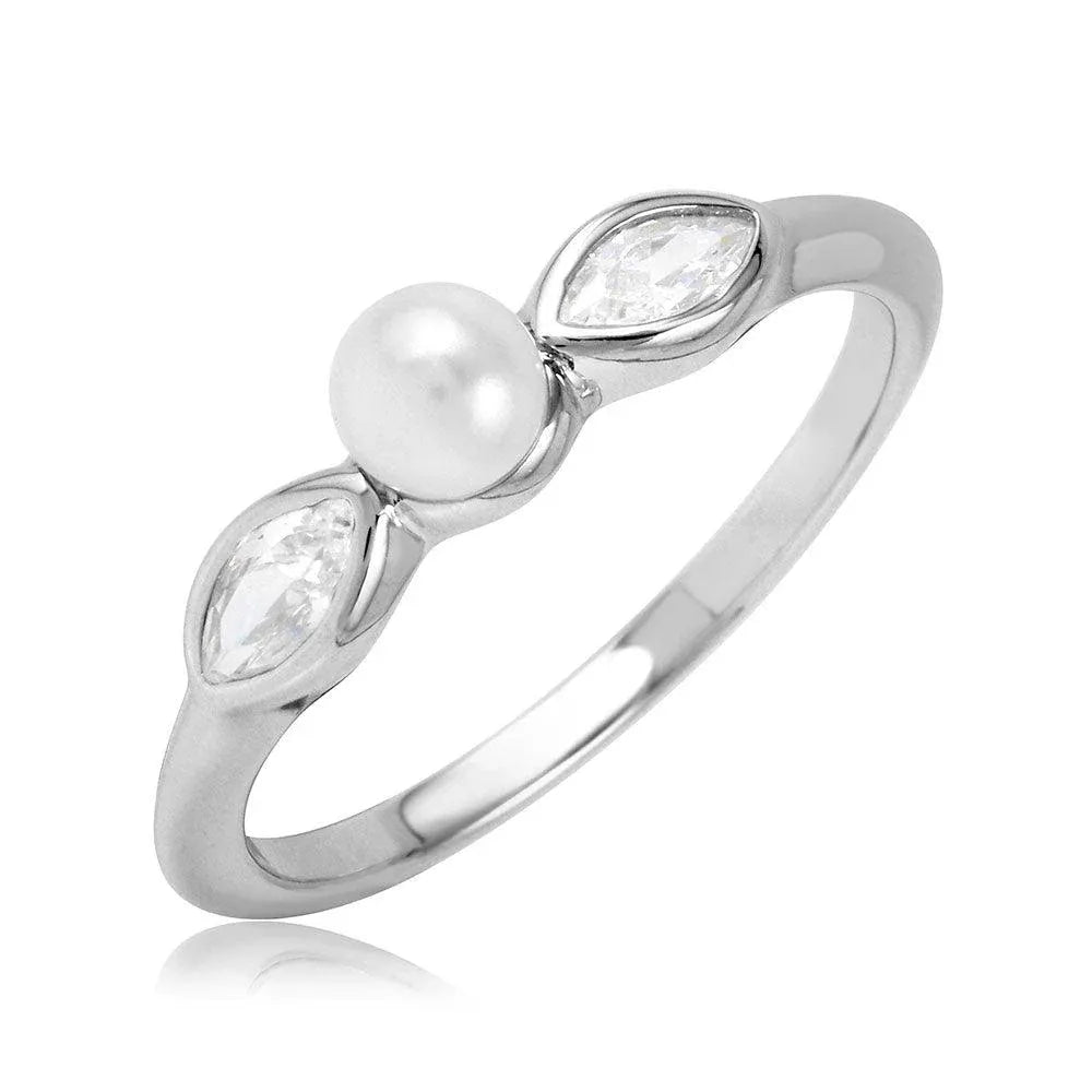 925 Sterling Silver Rhodium Plated Cats Eye CZ Synthetic Pearl Center Stone Ring