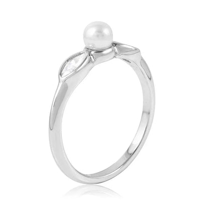 925 Sterling Silver Rhodium Plated Cats Eye CZ Synthetic Pearl Center Stone Ring