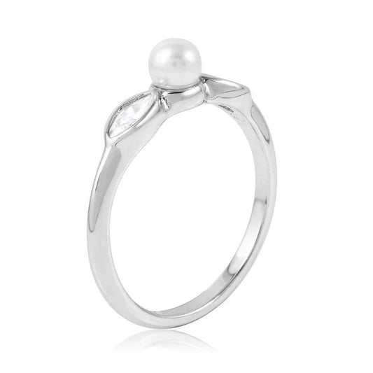 925 Sterling Silver Rhodium Plated Cats Eye CZ Synthetic Pearl Center Stone Ring