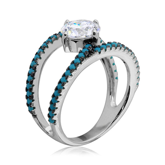 925 Sterling Silver Rhodium Plated Open Shank Turquoise and CZ Stone Ring