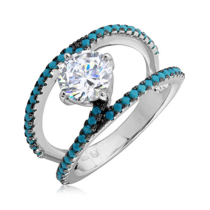 925 Sterling Silver Rhodium Plated Open Shank Turquoise and CZ Stone Ring