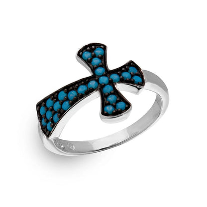 925 Silver Black Rhodium and Rhodium Plated Ring with Turquoise Enamel