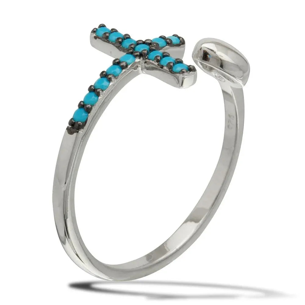 925 Sterling Silver Rhodium Plated Heart and Cross Open Ring with Turquoise Beads