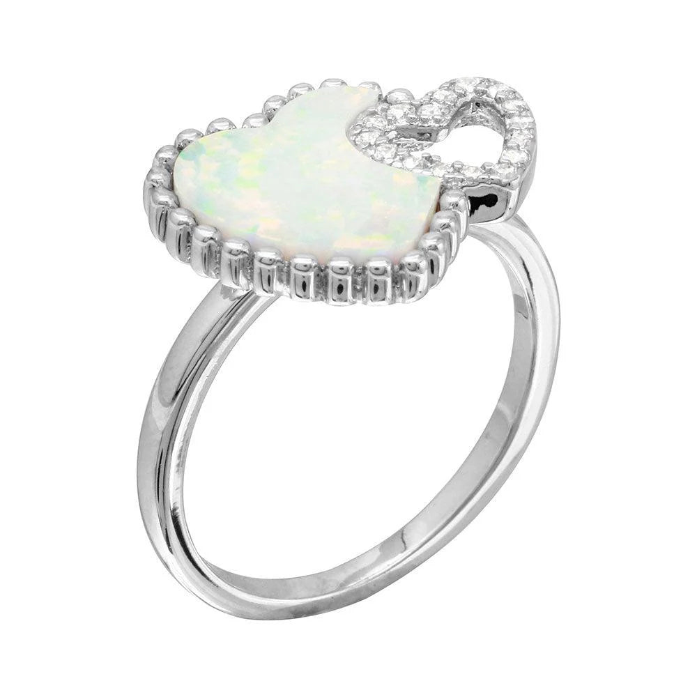 925 Sterling Silver Rhodium Plated Double Opal and CZ Heart Ring