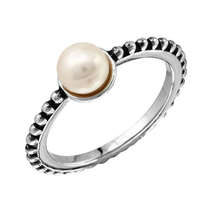 925 Sterling Silver Rhodium Plated Beaded Shank Fresh Water Center Pearl Ring