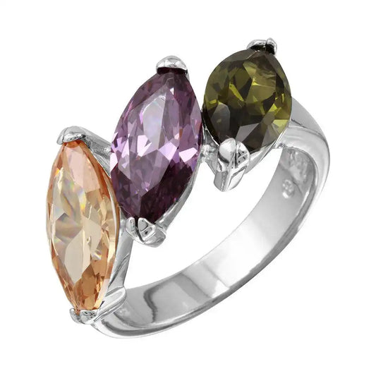 925 Sterling Silver Rhodium Plated Multi Color 3 CZ Stones Ring