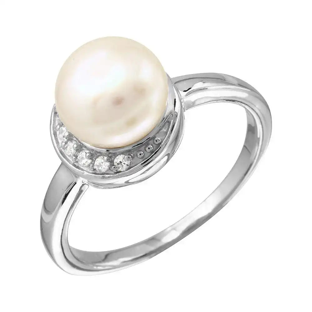 925 Sterling Silver Rhodium Plated CZ Crescent Ring with Fresh Water Pearl