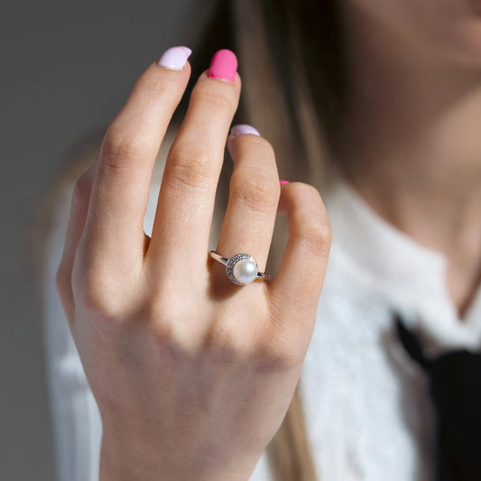 925 Sterling Silver Rhodium Plated CZ Crescent Ring with Fresh Water Pearl