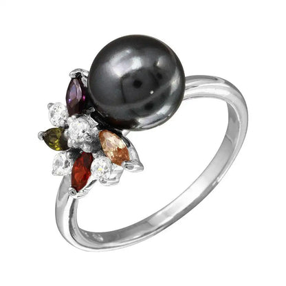 925 Sterling Silver Rhodium Plated Multi Color CZ Flower Ring with Black Synthetic Pearl