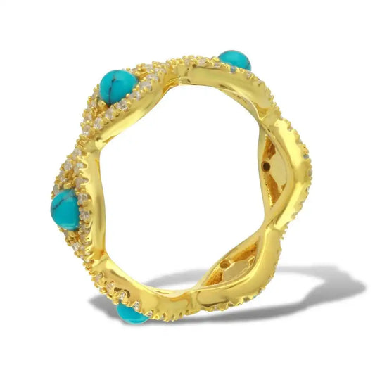 925 Sterling Silver Gold Plated Evil Eye Eternity Ring with Turquoise Beads