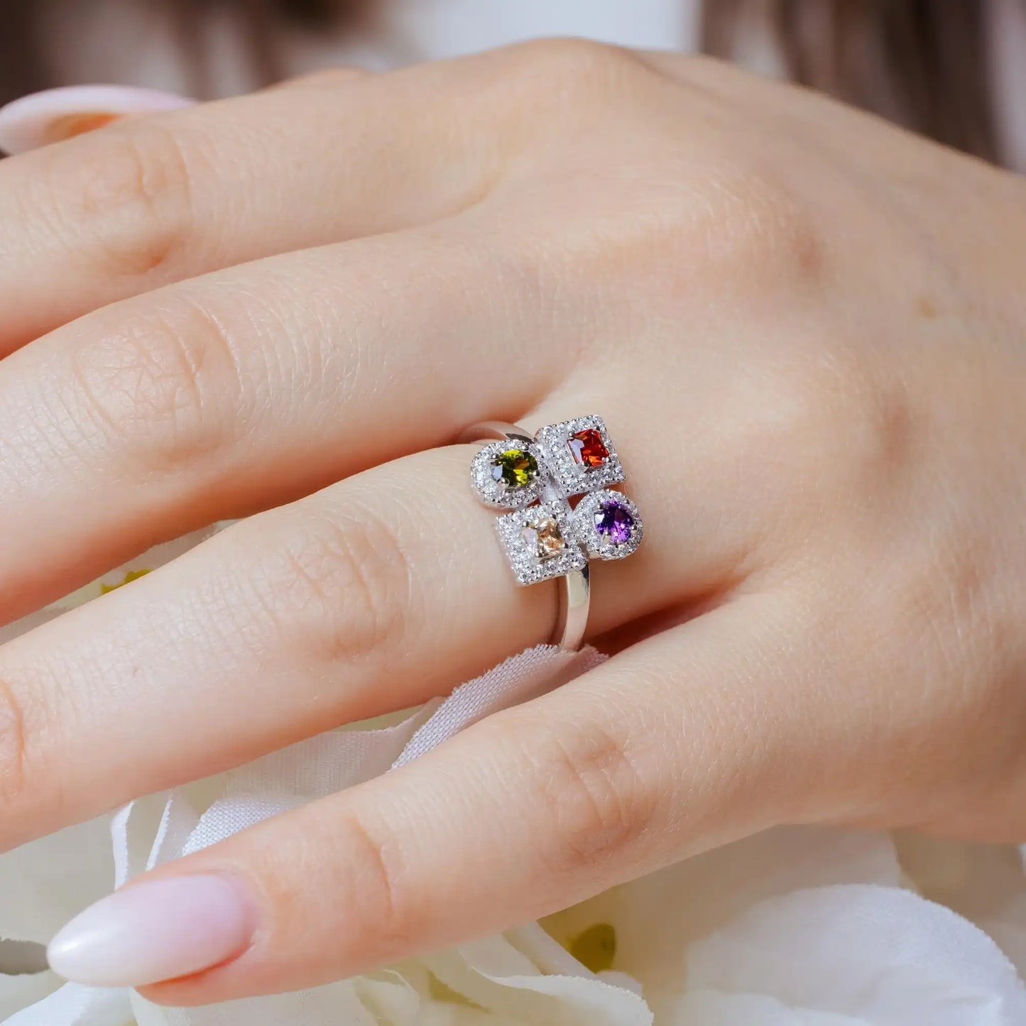 925 Sterling Silver Rhodium Plated Multi Color 4 Design Ring
