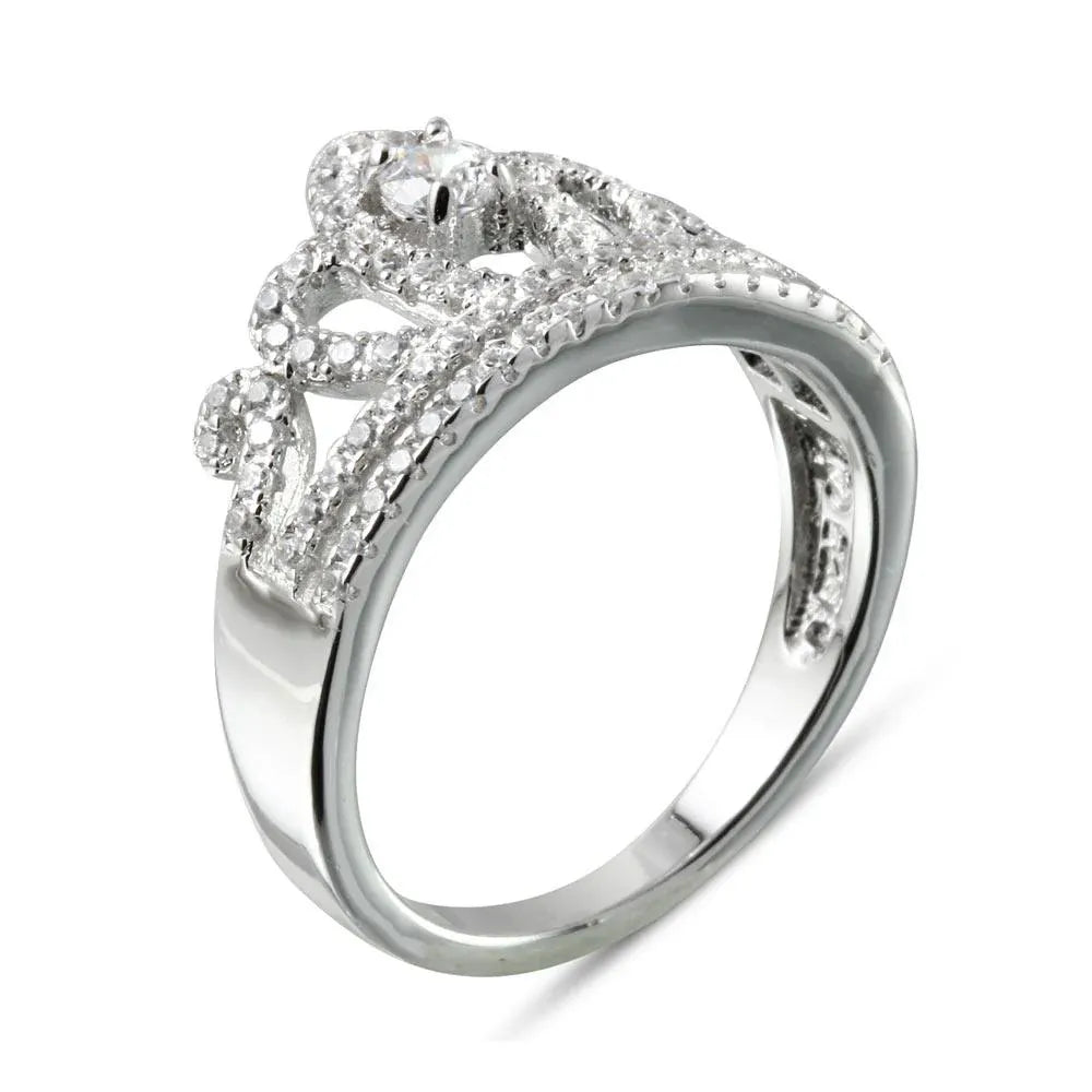 925 Sterling Silver Rhodium Plated Tiara with CZ Ring