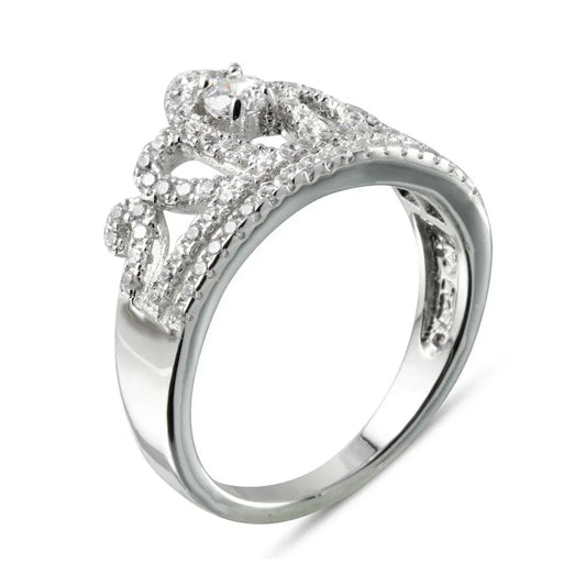925 Sterling Silver Rhodium Plated Tiara with CZ Ring
