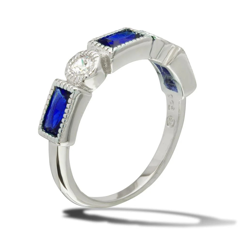 925 Sterling Silver Rhodium Plated Alternating Blue Rectangle and Clear Round CZ Ring
