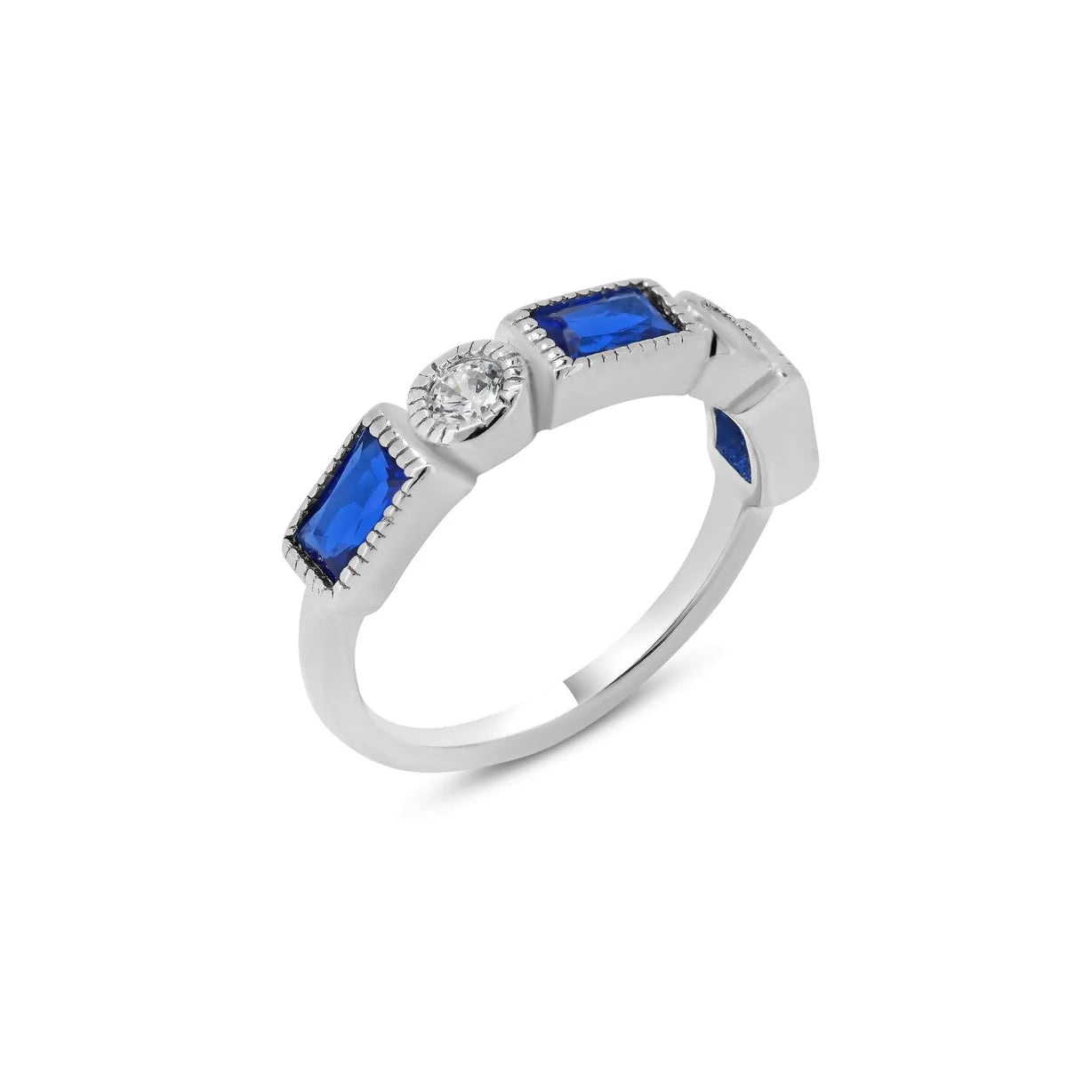 925 Sterling Silver Rhodium Plated Alternating Blue Rectangle and Clear Round CZ Ring