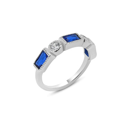 925 Sterling Silver Rhodium Plated Alternating Blue Rectangle and Clear Round CZ Ring