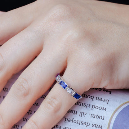 925 Sterling Silver Rhodium Plated Alternating Blue Rectangle and Clear Round CZ Ring