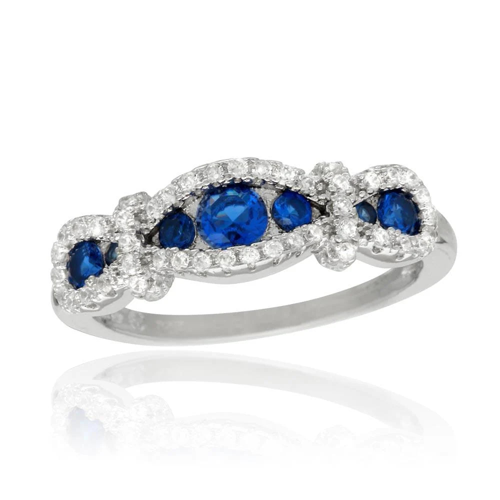 925 Sterling Silver Rhodium Plated Knotted Blue CZ Ring