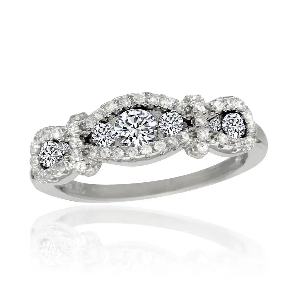 925 Sterling Silver Rhodium Plated Knotted Clear CZ Ring