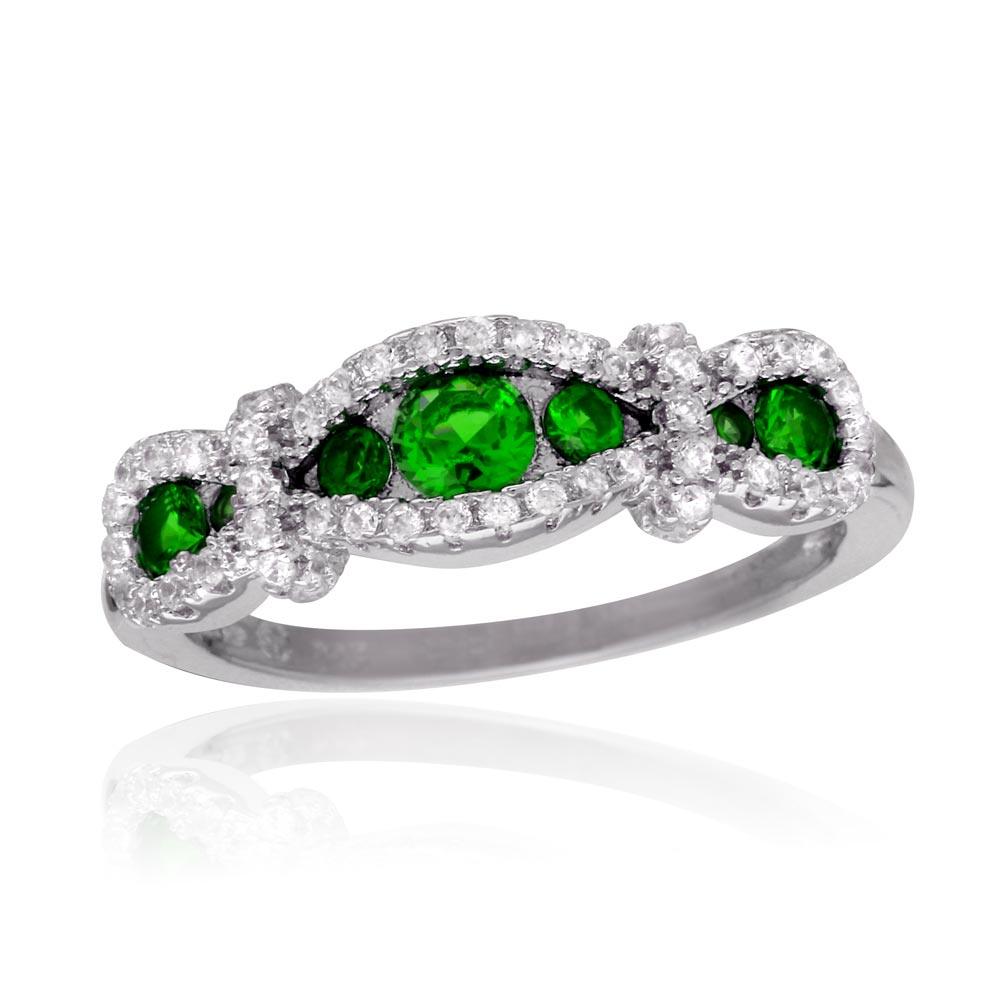 925 Sterling Silver Rhodium Plated Knotted Green CZ Ring