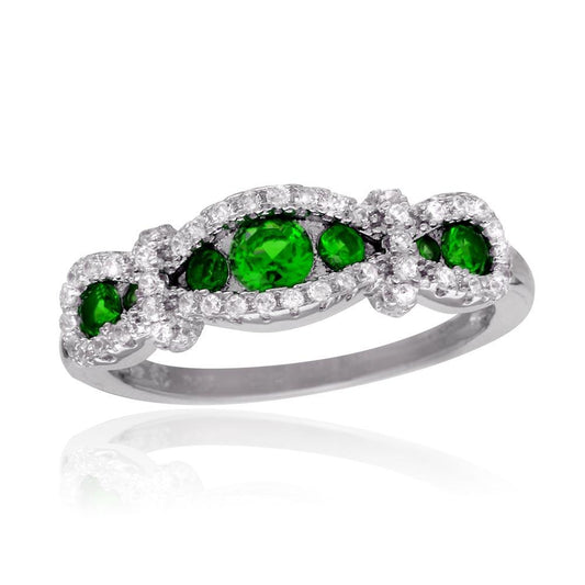 925 Sterling Silver Rhodium Plated Knotted Green CZ Ring