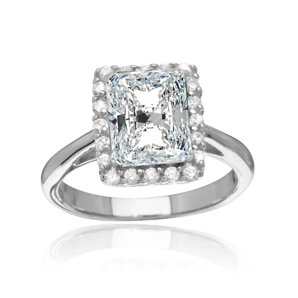 925 Sterling Silver Rhodium Plated Square Clear CZ Halo Ring