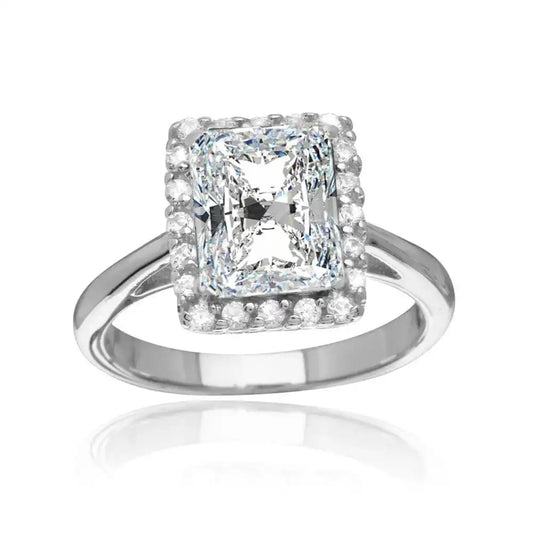 925 Sterling Silver Rhodium Plated Square Clear CZ Halo Ring
