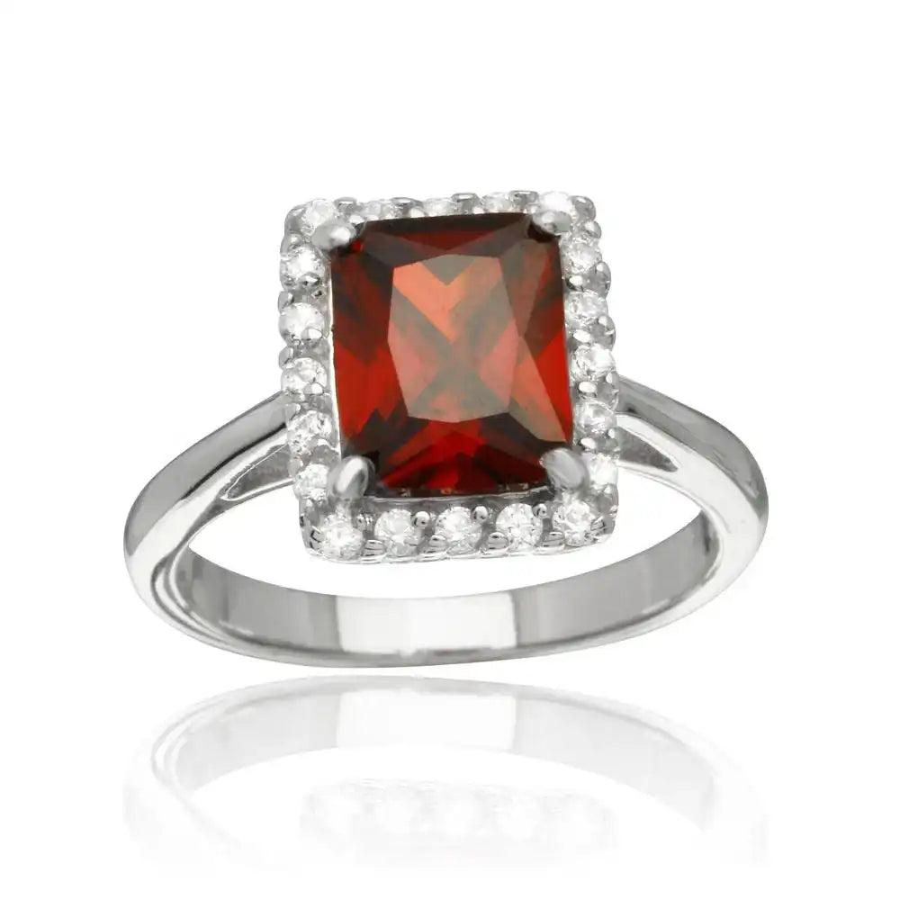 925 Sterling Silver Rhodium Plated Square Red CZ Halo Ring