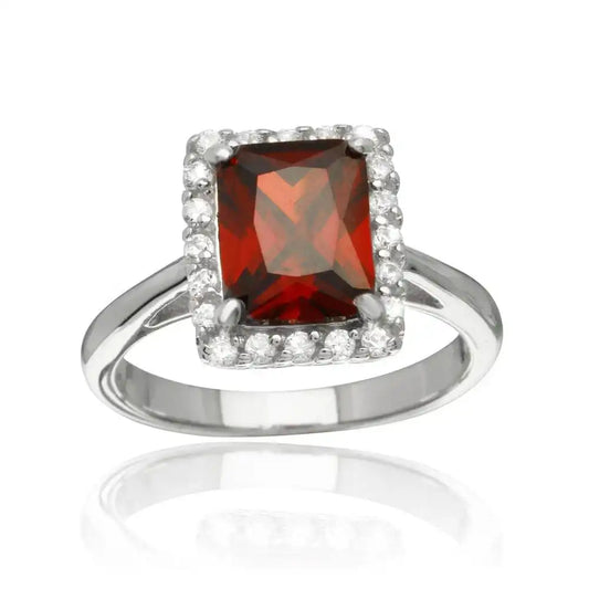 925 Sterling Silver Rhodium Plated Square Red CZ Halo Ring