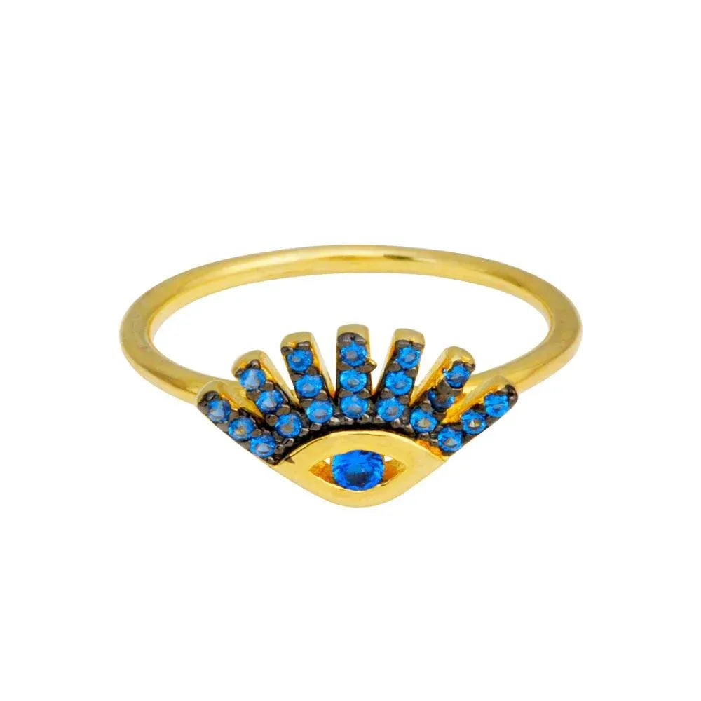 925 Sterling Silver Gold Plated Blue CZ Eye Ring