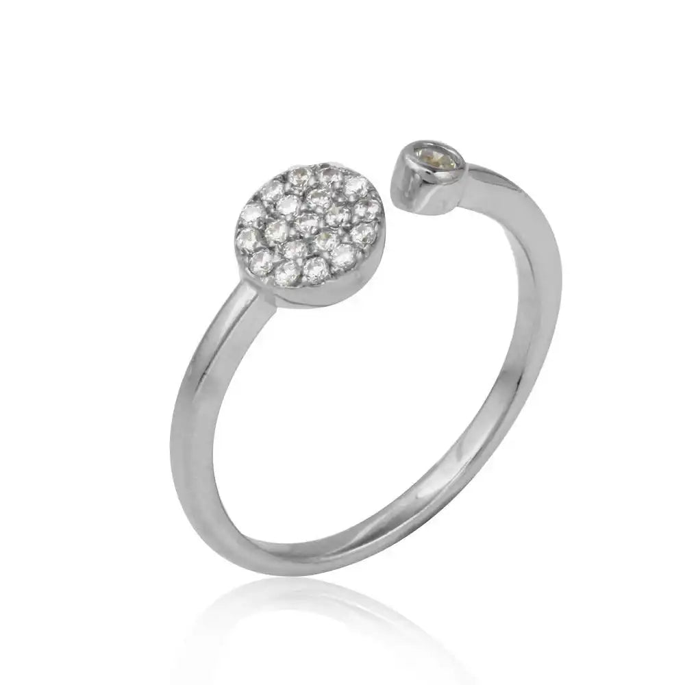925 Sterling Silver Rhodium Plated Open Ring with Round CZ and CZ Circle