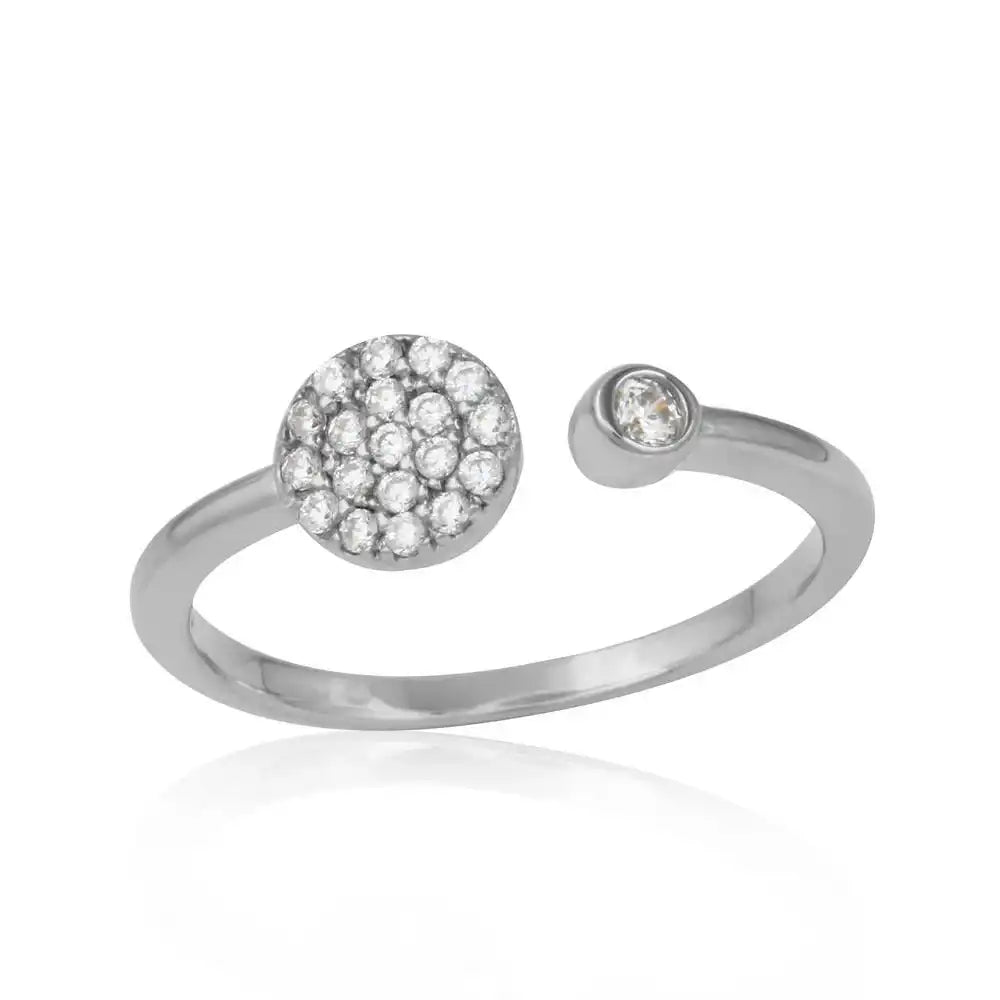 925 Sterling Silver Rhodium Plated Open Ring with Round CZ and CZ Circle