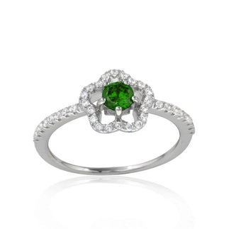 925 Sterling Silver Rhodium Plated Clover Micropave Ring with Green Center CZ and Clear Round CZ