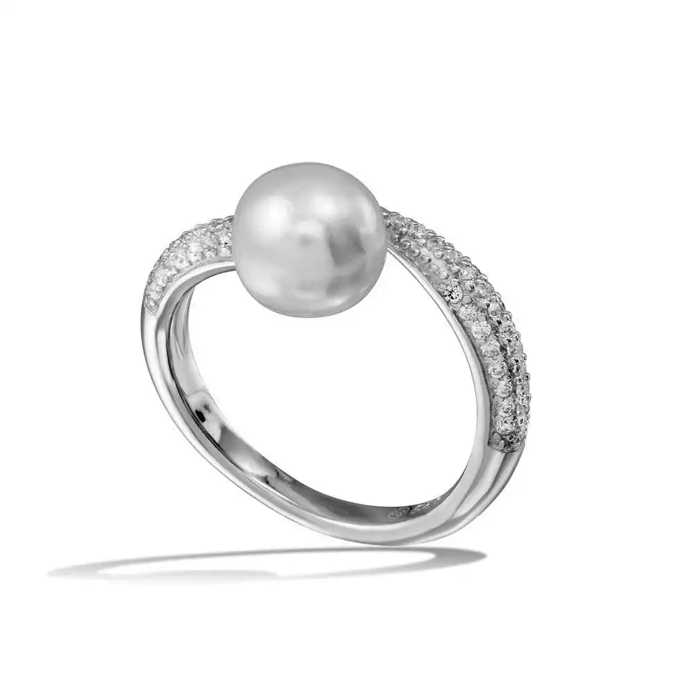 925 Sterling Silver Rhodium Plated CZ Fresh Water Pearl Center Ring